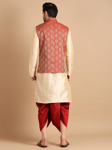 Image of Men's Silk Blend Solid Kurta Dhoti Set with Designer Ethnic Nehru Jacket