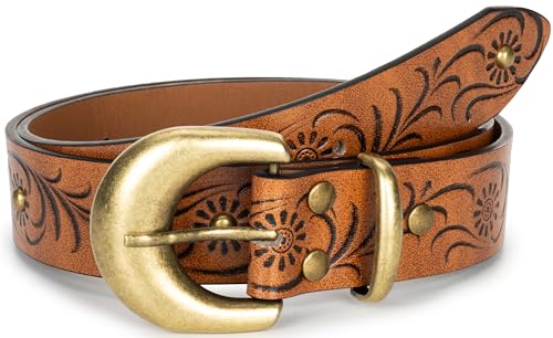 Image of Western-Leather-Belts-Women Vintage Waist-Belts with Hollow Out Flower