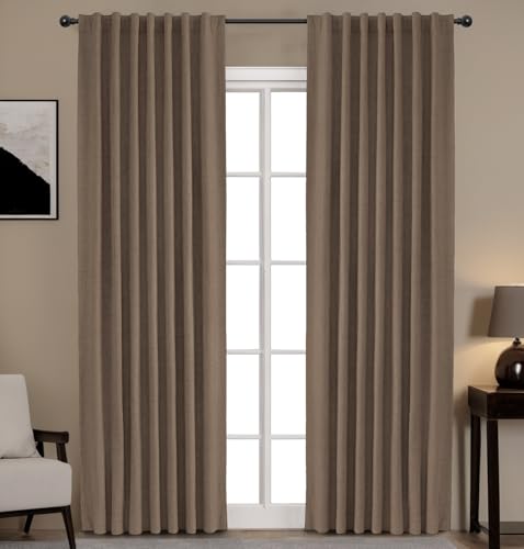 INOVADAY 100% Blackout Curtains 96 Inches Length 2 Panels Set, Back Tab/Rod Pocket Linen Black Out Curtains for Bedroom, Thermal Insulated Window Drapes - Flaxen Brown, W50 X L96