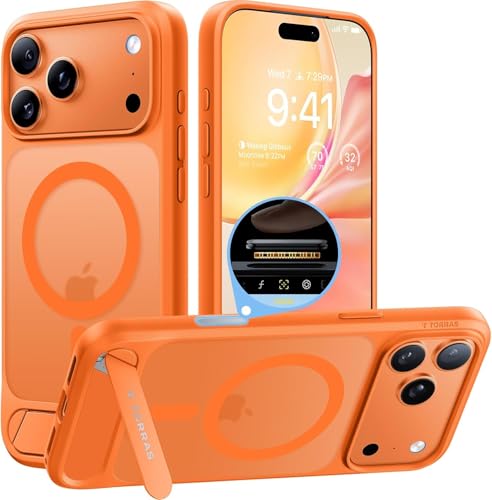 Image of TORRAS Strong Magnetic & Seamless Stand for iPhone 17 Pro Case, Neon Orange | Fit for MagSafe, Adjustable Kickstand, Shockproof Case for iPhone 17 Pro Phone Case with Kickstand, Slim, Translucent