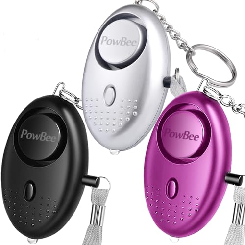 Powbee - Confezione da 3 allarmi di sicurezza, dimensioni piccole, riutilizzabili, approvati dalla polizia, suono a 140 DB, con luce a LED, per donne, ragazze, bambini e anziani