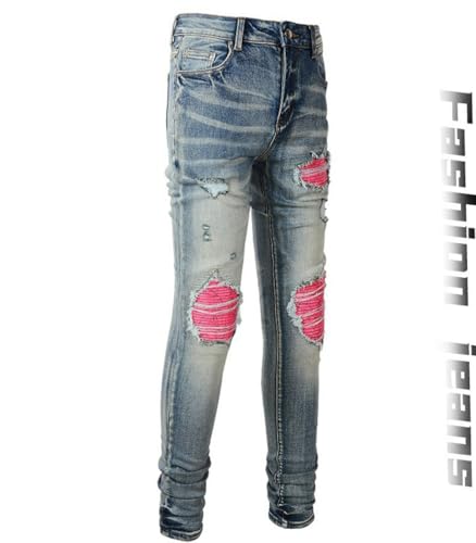 Jeans Pants Trousers Denim Light Blue Trendy Street Splicing Worn Hole Piercing Patchwork Hairy Edge Tassel Elastic Slim Fit Casual Straight Leg Men(Light Blue,33)3