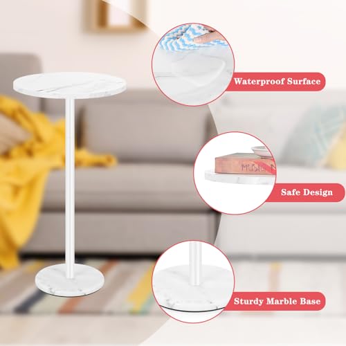 White Round Side Table Small End Table Set of 2 Modern Accent Table Pedestal Drink Table with Marble Base for Small Spaces Living Room Bedroom Outdoor
