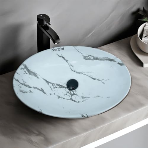 Image of Designer Counter Top Wash Basin | Tabletop Ceramic Bathroom Sink | Wash Basin Over Counter | Wash Basin For Bathroom, Living Room (24 x 15 x 6 Inch) (Marble White Grey)
