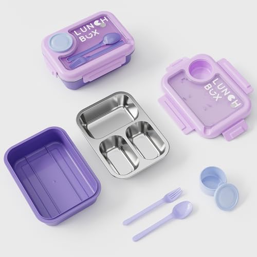 Image of Bento Lunch Box for Kids & Adults, Stainless Steel 3 Section Leakproof Lunch Container with Cutlery, BPA Free Tiffin for School College Office Travel (Purple)