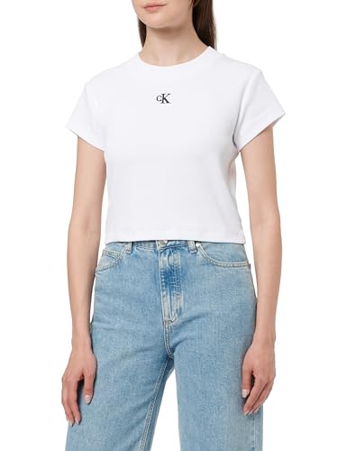 Calvin Klein Camiseta de manga corta Mujer Rib Baby Tee tejido elástico, Blanco (Brilliant White), L