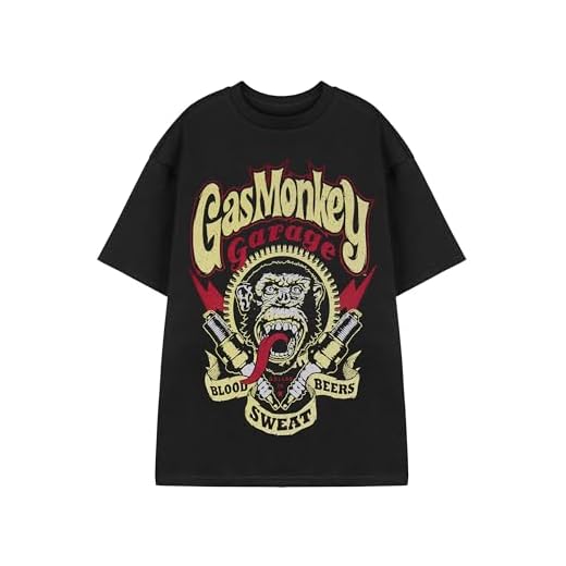 Gas Monkey Garage Camiseta para Hombre | Camiseta gráfica de Manga Corta American Garage para Adultos en Negro | Top de Ropa de Ajuste Casual con bujía desgastada, Sangre, Sudor, Cervezas