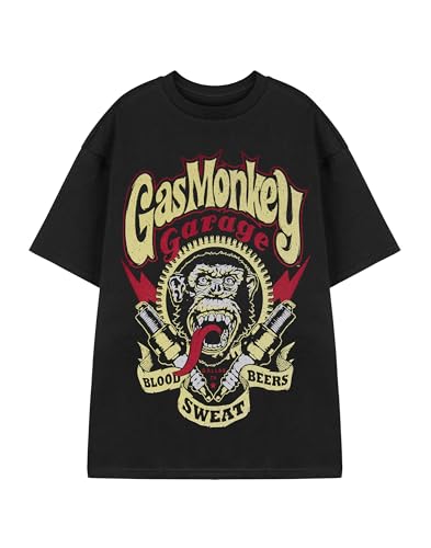 Gas Monkey Garage Camiseta para Hombre | Camiseta gráfica de Manga Corta American Garage para Adultos en Negro | Top de Ropa de Ajuste Casual con bujía desgastada, Sangre, Sudor, Cervezas