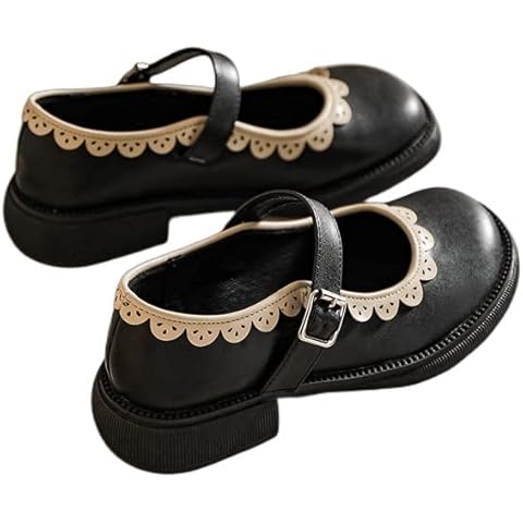 GooMaShoes Women's Ruffles Platform Ankle Strap Mary Jane Flats, Vintage Buckle Mary Jane Shoes, Comfortable Cute Round Toe Uniform School Shoes (US Size 10, Black) Cover