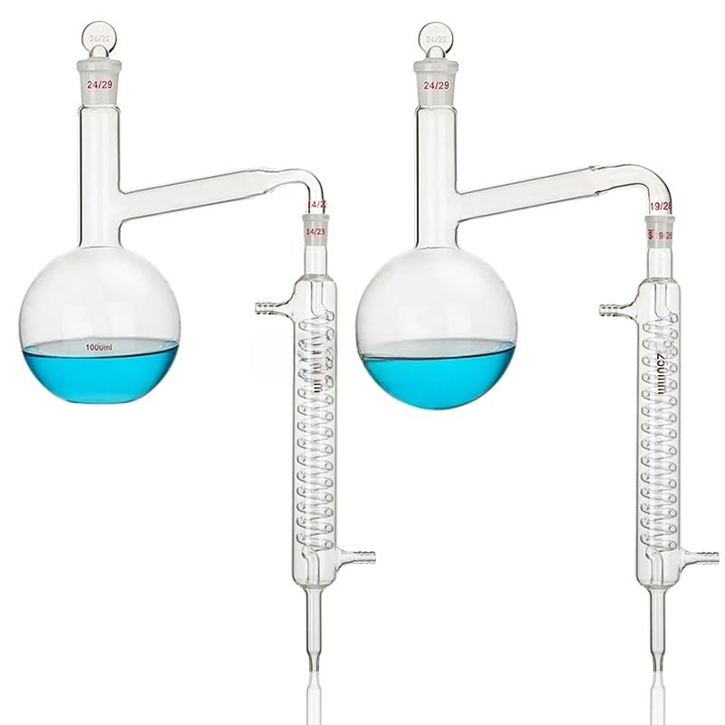 All Glass Round Bottom & Flat Bottom Distillation Flask with Serpentine Condenser Tube for Laboratory Purification(Flat Bottom)