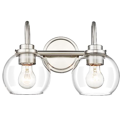 Image of 2-Light Bathroom Light Fixtures, Brushed Nickel Vanity Light with Globe Clear Glass Shade, Modern Vanity Lighting Fixtures Over Mirror, AD-22280-2W-SN