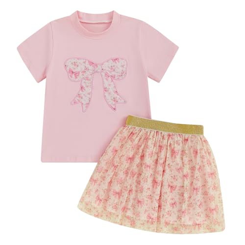 Image of Kayotuas Toddler Girl Summer Outfits Bow Embroidery Short Sleeve T-shirt and Sparkle Tutu Skirt Cute Sister Matching Dresses