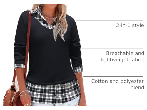 Image of Oyamiki Women's Casual Collared Curved Hem 2 in 1 Pullover Tops Plaid Contrast Shirt Blouse