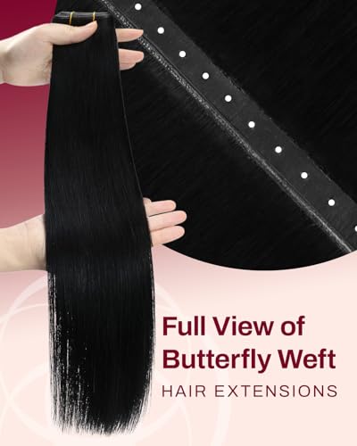 Image of Moresoo Butterfly Weft Hair Extensions Human Hair, Invisible Genius Weft, #1 Jet Black 24 Inch 100g, Add Volume, OVO PU Hole, Straight Soft Remy Hair, Simple Installation
