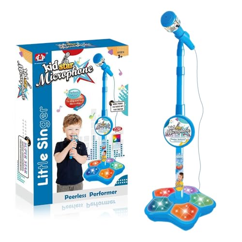 Kids Microphone and Stand Adjustable Kids Karaoke Machines with Flashing Stage Lights Stand Up Kids Microphone Stand for Girls Boys Birthday Gift(Blue)