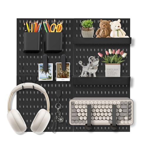 Skwelom Pegboard Wall Organizer Set 4 Peg Boards with Hooks & Shelves Office Kitchen Gaming Room Desk Pegboard Storage Peg Board Wall Display Rack (Black)