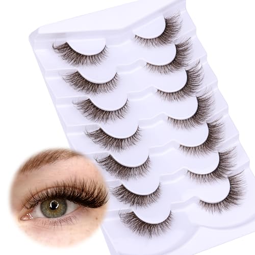 Brown Lashes False Eyelashes Natural Look Wispy Fox Eye Lashes Fluffy Lashes Fake Eye Lashes Cat Eye Strip Lashes Clear Band Brown Eyelashes Extensions by GVEFETIEE 7 Pairs