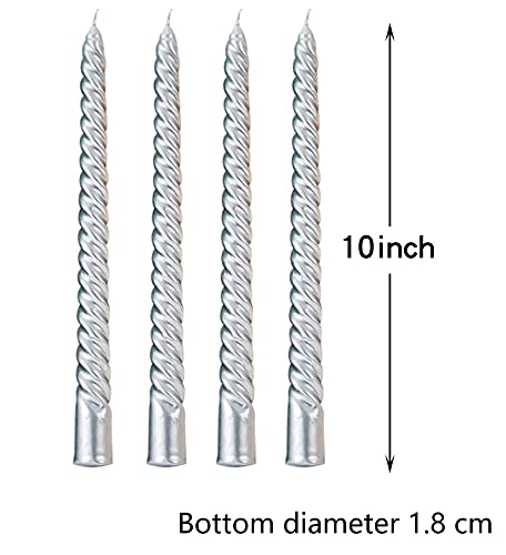 Tall Metallic Spiral Taper Candle - 10Inch Metallic, Dripless, Unscented Dinner Candle - Paraffin Wax With Cotton Wicks -Individually Wrapped Long Candleunscented Dinner Candle(4 Spiral Silver) #TOP1