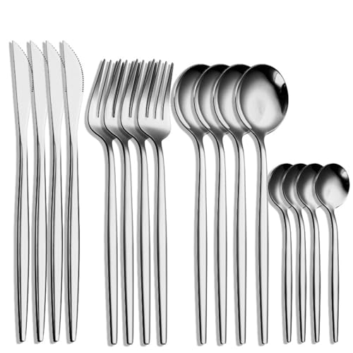 Image of 16 pcs Flatware Set, Silver Silverware Set for 4, Knife Fork Spoon, Stainless Steel Home Dinnerware Tableware,Mixed Cutlery Set Eating Utensils for Restaurants (16 Pcs Silver)