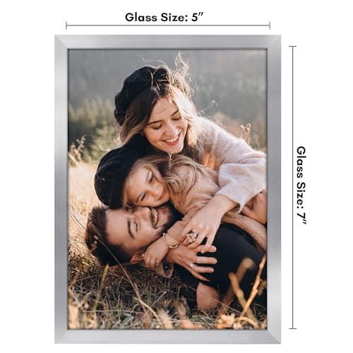 Americanflat 5x7 Picture Frame with Shatter-Resistant Glass - Streamline Collection - Thin Border Picture Frame for Tabletop and Wall Display - Hanging Hardware and Easel Stand Included - Silver