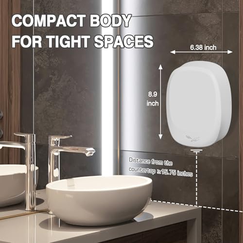 Oxassessly Commercial Compact Hand Dryer with HEPA Filter,High Speed Auto Warm Wind Hand Dryers for Bathrooms,Brushless Motor,60S Overtime Protection (White)