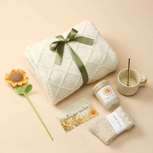 Self Care Gifts for Women - Luxury Package with 50"x70" Cozy Knitted Blanket, Fuzzy Socks, Soy Candle, Sunflower Decor | Birthday, Thinking of You, Get Well Gifts | Mom, Girlfriend, Best Friend - Image 4