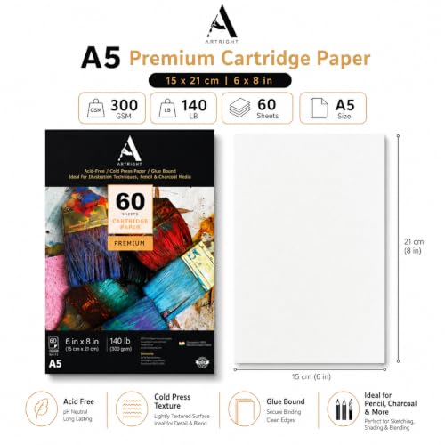 Image of ArtRight Artists' Sketching Paper (A5 Pack of 60 Sheets, 300 GSM); Handmade Cartridge Mixed Media Sheets of 300GSM for Pencil, Charcoal and Ink Media