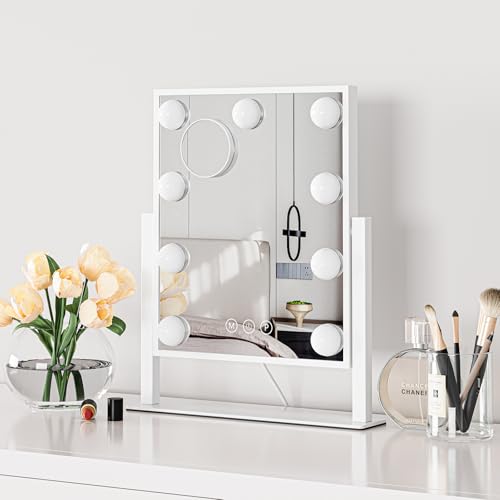 Moziel Specchio da Trucco Hollywood 30L x 25l cm con Luci a 9 Led sul Tavolo, 3 Colori di Luce e Funzione di Luminosità Regolabile (Dimensioni con Base 36L x 30l cm)