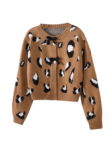 WDIRARA Girl's Leopard Print Sweater Cardigan Cute Bow Long Sleeve Crewneck Button Knit Cardigans