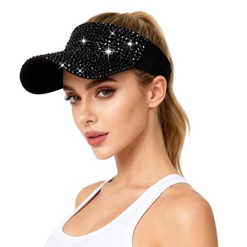 Bling Shiny Rhinestones Sun Visor For Women Adjustable Summer Beach Sunvisor Caps Golf Tennis Cycling Running-Black Black