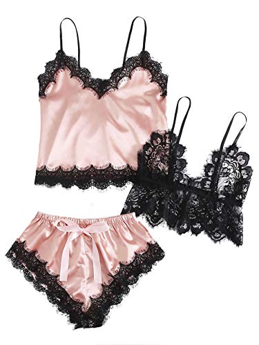 SheIn Women's Eyelash Lace Lingerie Satin Sleepwear Cami and Shorts Pajama Set Pink Medium