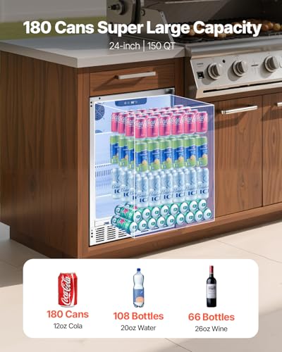 Image of VEVOR 24-Inch Indoor /Outdoor Beverage Refrigerator, 150 QT Freestanding or Undercounter Beverage Fridge, 180 Cans Built-in Beer Fridge with Stainless Steel Body for Residential Home Bar Commercial Use