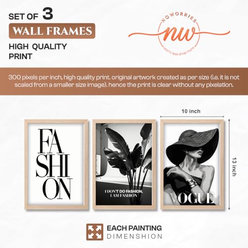 Image of NoWorries Modern Fashion Wall Art Frame Paintings 300 GSM Premium Prints | Vogue Lady Art, Botanical Print & Typography Frames | Stylish Home Decor for Living Room, Office & Bedroom | Synthetic Wooden Finish Wall Art Frames (Set of-3) (NATURAL, ART-6, 10X13INCHES)