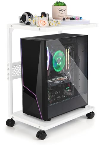Bfttlity Mobile Computer Tower Stand, 2-Tier PC Tower Stand for Floor, Metal Under Desk Computer Cart, PC Case Holder with Locking Caster Wheels for Office, Home, Gaming Room (Length 17.52'', White)
