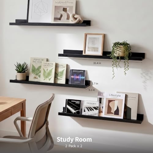 Modcraft 36 Inch Black Floating Shelves with Lip, Extra Long Wall Mounted Picture Ledge, Large Industrial Wall Shelf for Living Room Gallery Wall, Display Shelf for Photos Frames Books, Set of 2 — view 5