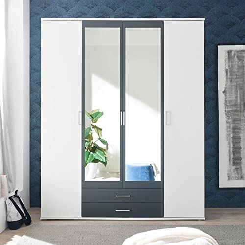 Stella Trading HANAU Kleiderschrank mit Spiegeltür in Weiß, Graphit - Vielseitiger Drehtürenschrank 4-türig für Ihr Schlafzimmer - 160 x 196 x 54 cm (B/H/T)