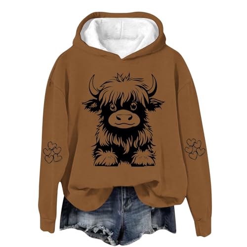 bawilom Highland Cow Hoodies for Women Cute Funny Graphic Sweatshirt Cowgirl Long Sleeve Plus Size Oversized Pullover Tops Brown