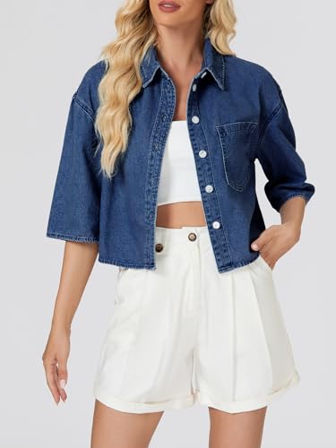 Women’s Cropped Denim Shirt Button Down Half Sleeve Casual Jean Jacket Lightweight Collared Summer Jean Top with Pocket2