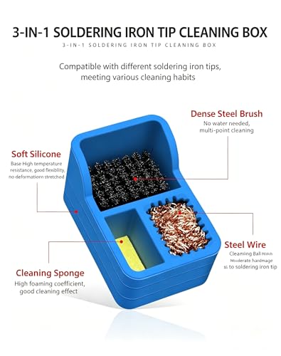 Image of 3-in-1 Soldering Iron Tip Cleaner - Brass Wire, Sponge & Steel Wool Cleaning Station - Desktop Holder for Solder Tip Maintenance, Oxidation Removal & Electronics Repair Tools