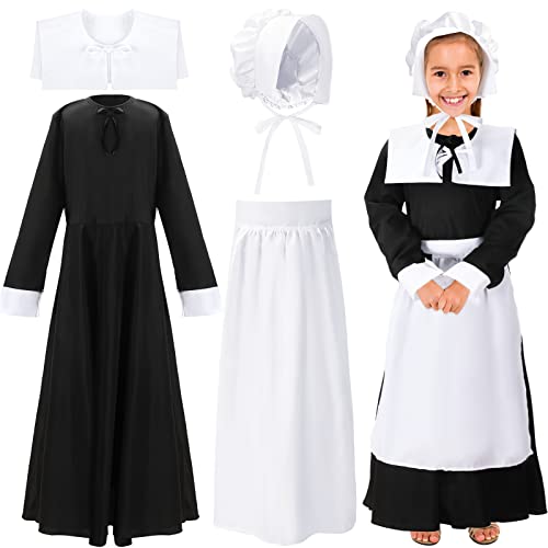 4 Pcs Pilgrim Costume Kit For Girls Colonial Girls Costume Dress Cosplay Costumes Halloween Pilgrim Girls Costume (Black, Medium) #TOP25