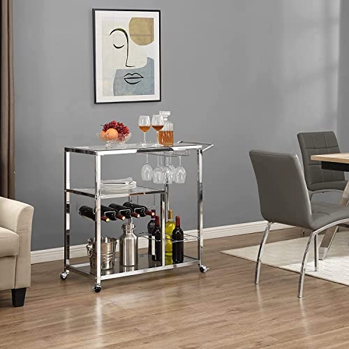 Glass Bar Cart With Wine Racks&Glass Holders, Wine Serving Cart With Wheels&Handle, 3-Tier Kitchen Trolley With Glass Storage Shelves Metal Frame, Silver #TOP1