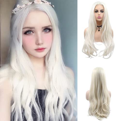Letian Hair Percke, 61 cm, Platinblond, natrliche Wellen, synthetische Lace-Front-Percke, 180 % Dichte, guleless, hitzebestndige Faser, -Percke fr Damen Cover