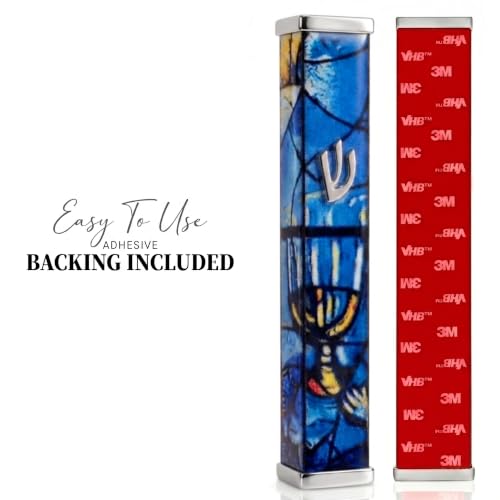 Image of SURI Mezuzah with Scroll for Door | 4 Inch Modern Aluminum Mezuzah Case | Fits 3 Inch Scroll | Gold & Silver Chagall-Inspired Design | Self Adhesive Easy Install | Judaica Jewish Gift