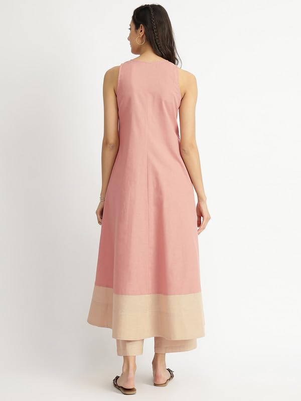 Image of Pink Fort Women Casual Linen Blend Colourblock A-Line Kurta Set | V-neck Sleeveless Kurta Ankle Length Flared Fit Pants for Easygoing Summer | Peach & Beige