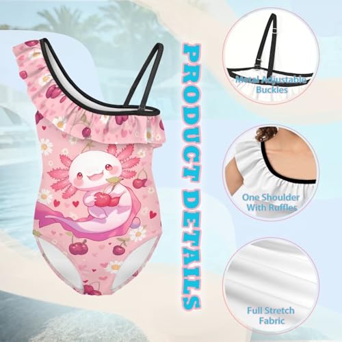 Image of WELLFLYHOM Axolotl Girls One Piece Swimsuits 3-14 Ruffle One Shoulder Bathing Suits Full Coverage Beachwear