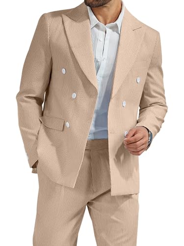 High-End Suits Men's Seersucker Suits 2 Piece Casual Summer Beach Wedding Prom Suit Khaki Seersucker Blazer Pants Set XL