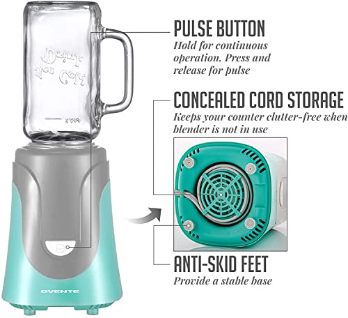 Ovente Electric Personal Portable Blender, 18 Ounce Drink Mixer, Frozen Margarita, Shake & Smoothie Maker, Glass Jar With Stainless Steel Blades And 300-Watt Base, Compact Bpa-Free, Turquoise Blh1002T #TOP1