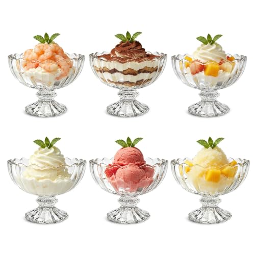 Dessertschalen Glas 6er Set Eisbecher Glas 125 ml klare Eisschalen mit Fuß Dessertgläser im Vintage-Stil kleine Glasschalen für Eis Pudding Mousse Obst Trifle Garnelencocktail und Vorspeisen