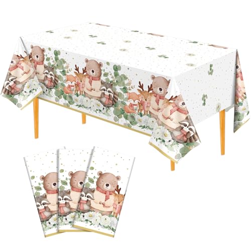 Image of 3 Pack Plastic Safari Baby Shower Tablecloth, 54 x 108 Inch Disposable Woodland Forest Animal Neutral Gender Reveal Party Eucalyptus Leaves Table Cover for Forest Birthday Friendship Party Decor