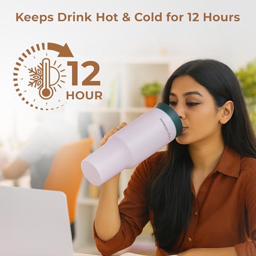 Image of HomeEssentials 1200ml Stainless Steel Tumbler with Lid & Straw - Vacuum Insulated, Spill-Resistant - Keeps Drinks Hot or Cold for 12 Hours - Ideal for Office, Gym & Travel - (White)